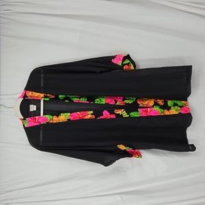 Sirena Chiffon Cover-up Kimono Bringht Bold Floral Black Open Front Size Medium